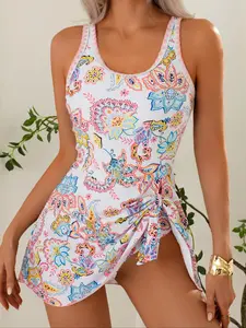 Women's Paisley Print Knot Decor Swimdress, Skirted Swim Dress, Casual Sleeveless One-piece Swimwear for Beach Holiday Vacation, Ladies Swimsuit for All Seasons