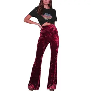 Women Velvet Flared Trousers, Solid Color High Waist Wide Leg Long Pants, Stretchy Bell Bottoms for Fall, Winter(Sheets)