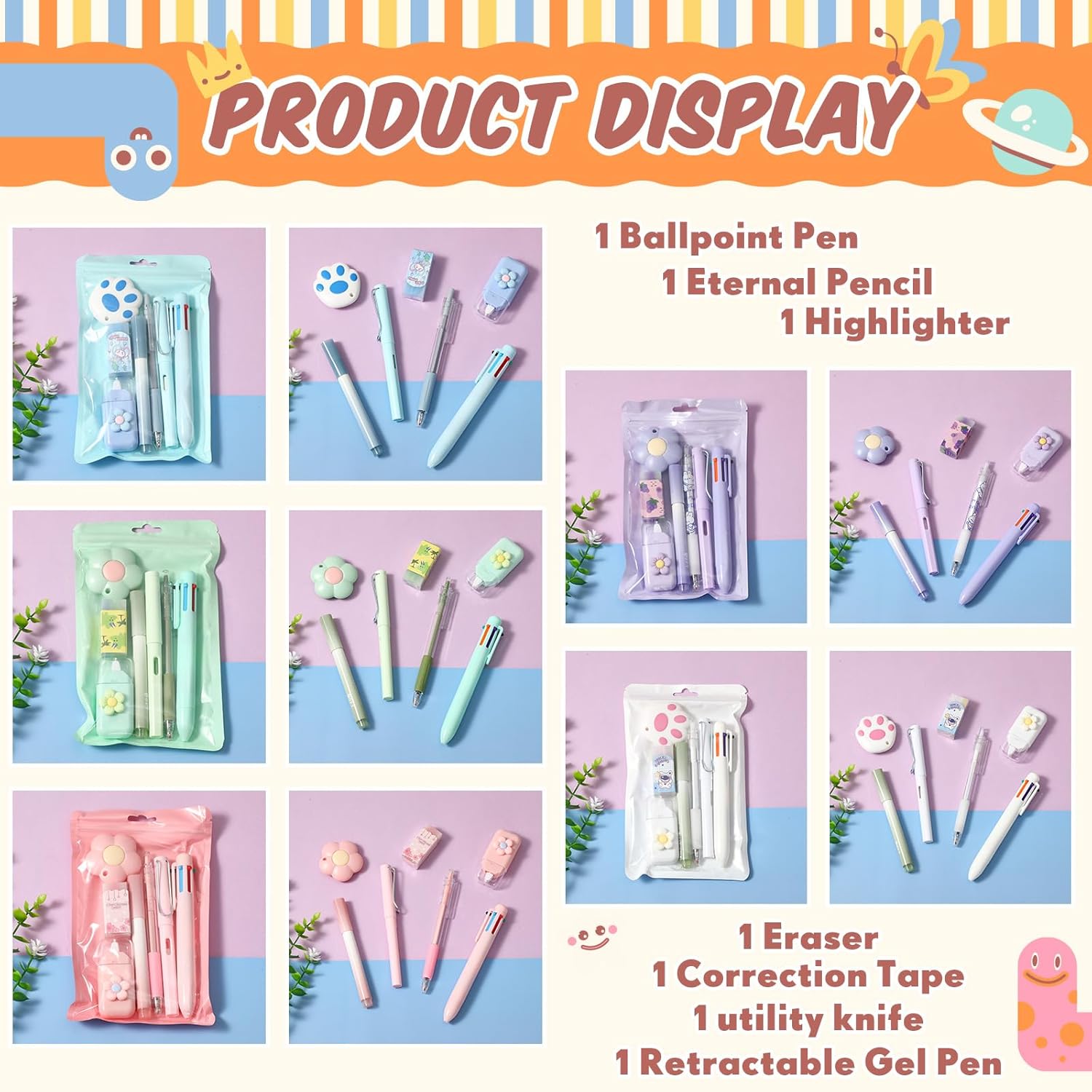 Cute Stationery Set - 7-Piece Aesthetic School Supplies Kit with Ballpoint Pen, Multi-Color Pen, Highlighter, Eraser & Correction Tape for Students, Birthday Gift Ideas, Surprise Gift Suit & Office Desk Decor