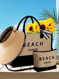 Women's Beach Bag Set with Sun Hat, Canvas & Linen Bags, Adjustable Foldable Design, Perfect for Summer Travel & Outdoor Activities, Travel Tote, Beach Purse