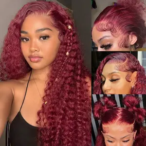 99J Deep Wave 13x4 HD Transparent Lace Frontal Human Hair Wigs for Black Women 180 Density Burgundy Deep Curly lace Frontal Wigs Pre Plucked with Natural Hairline