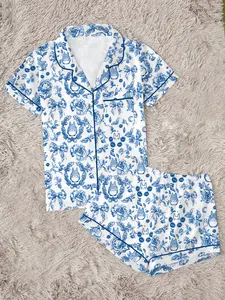 Trendy French Monochrome Blue Floral Pajama Set, Cute Pure Desire Bow and Anime Forest Fairy Print Sleepwear, Soft Short Sleeve Button Home Wear