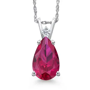 14K White Gold Red Created Ruby and White Topaz Pendant Necklace for Women | 3.52 Cttw | Gemstone July Birthstone | Pear Shape 12X8MM | With 18 Inch Chain