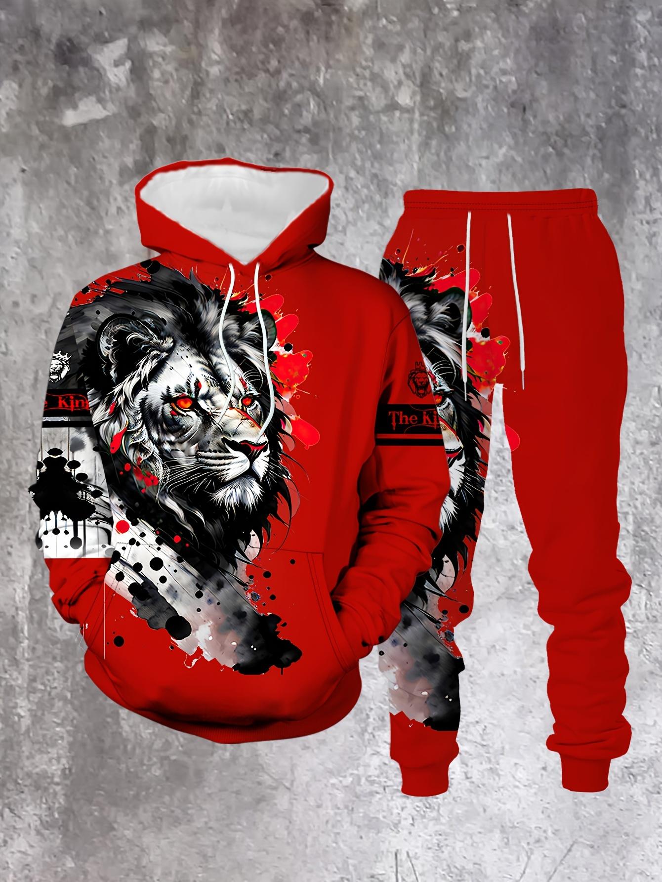 Men's casual 2-piece set, lion ink print hoodie and sweatpants, spring and autumn fashion outfit