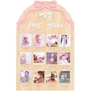 Monthly Photo Board for Girls – First Year (Bow Theme), Birthday Decorations, “My First Year” Milestone Board, 12-Month Photo Display, Ribbon Bow Party Decor