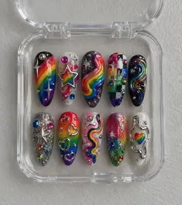 Pernell Home Rainbow Pride Press-On Nails, 3D Rainbow Swirl & Star Charm Design, Glitter Ombre Hearts, Colorful Y2K Festival Aesthetic, Handmade Statement Nail Art, Bold Fun Press Ons