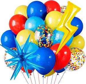 Cartoon Hedgehog Birthday Decorations Pack with Red Blue Yellow Balloons Foam Star Lightning Foil Balloons and Ribbons