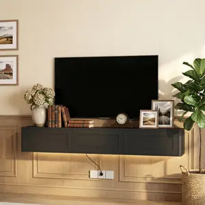 Spaco Minimalist TV Stand - High Gloss Floating Wall-Mounted Console Table with LED Lights, Power Outlet, TV Shelf for Living Room, Bedroom (Black)