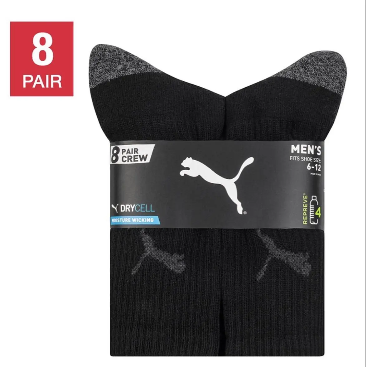 PUMA Men's Crew Sock 8-Pair Set DryCell Moisture Wicking Comfortable Fit for Shoe Sizes 6-12