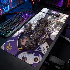 Sniper Anime Girl Mouse Pad Large Extended Non-Slip Gaming Desk Mat, Purple Mechanical Futuristic Pattern Smooth Surface Keyboard Pad for Gamer Computer