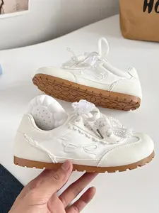 Women's Satin Sneakers with Pearl Ribbon Detailing, Casual Sporty Shoes for Spring Summer, Comfortable Walking Footwear B3529