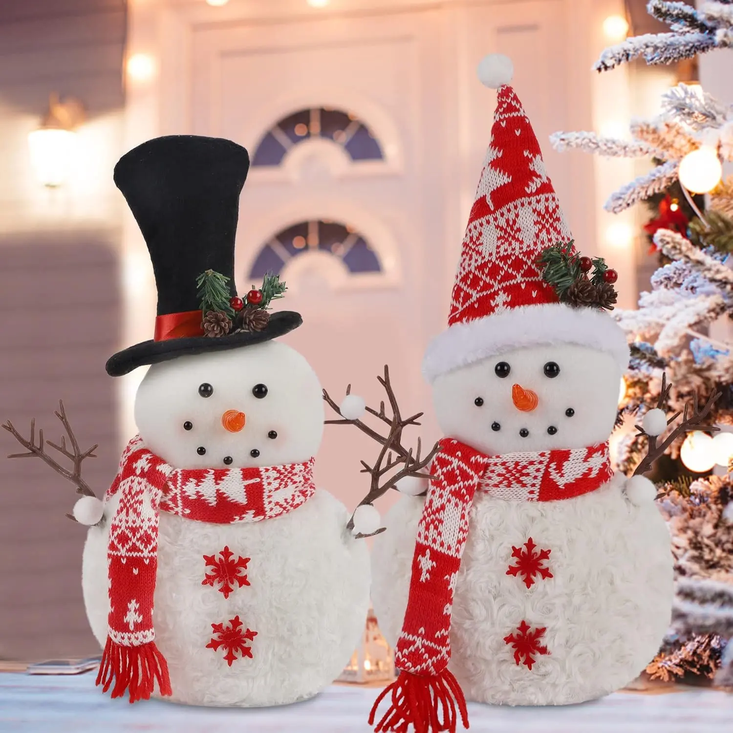 Festive Snowman Doll Ornament Set - 2-Piece Decorative Christmas Plush Tabletop Decor for Home Kitchen Xmas Holiday Party (Home & Festive Supplies)