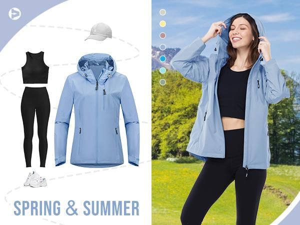 Outdoor Ventures Women's Packable Casual Polyester Long Sleeve Sporty Chic Waterproof Hooded Rain Jacket for Female Cycling