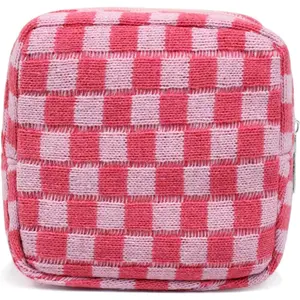 Small Pink Makeup Bag for Purse, Mini Checkered Cosmetic Bag Zipper Cute Make Up Pouch Travel Toiletry Case Quilted Aesthetic Accessories Makeup Storage Bag Organizer for Women Girls
