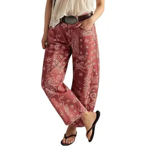 Women’s boyfriend baggy barrel jeans, floral print denim ankle pants (wide leg), mid-rise jeans, sweatpants, Y2K patchwork, Christmas home décor