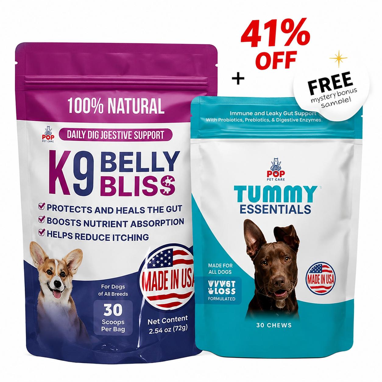 Pup Labs K9 Belly Bliss 3-Pronged Defense Dog Digestive Support with L-Glutamine N-Acetyl D Glucosamine & Prebiotics for Gut Health