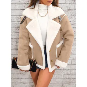Womens Ultra-Soft Plush Lapel Jacket - Winter Warm Casual Outwear with Stylish Faux Fur Collar - Insulated Comfort, Trendy Design for Versatile Styling