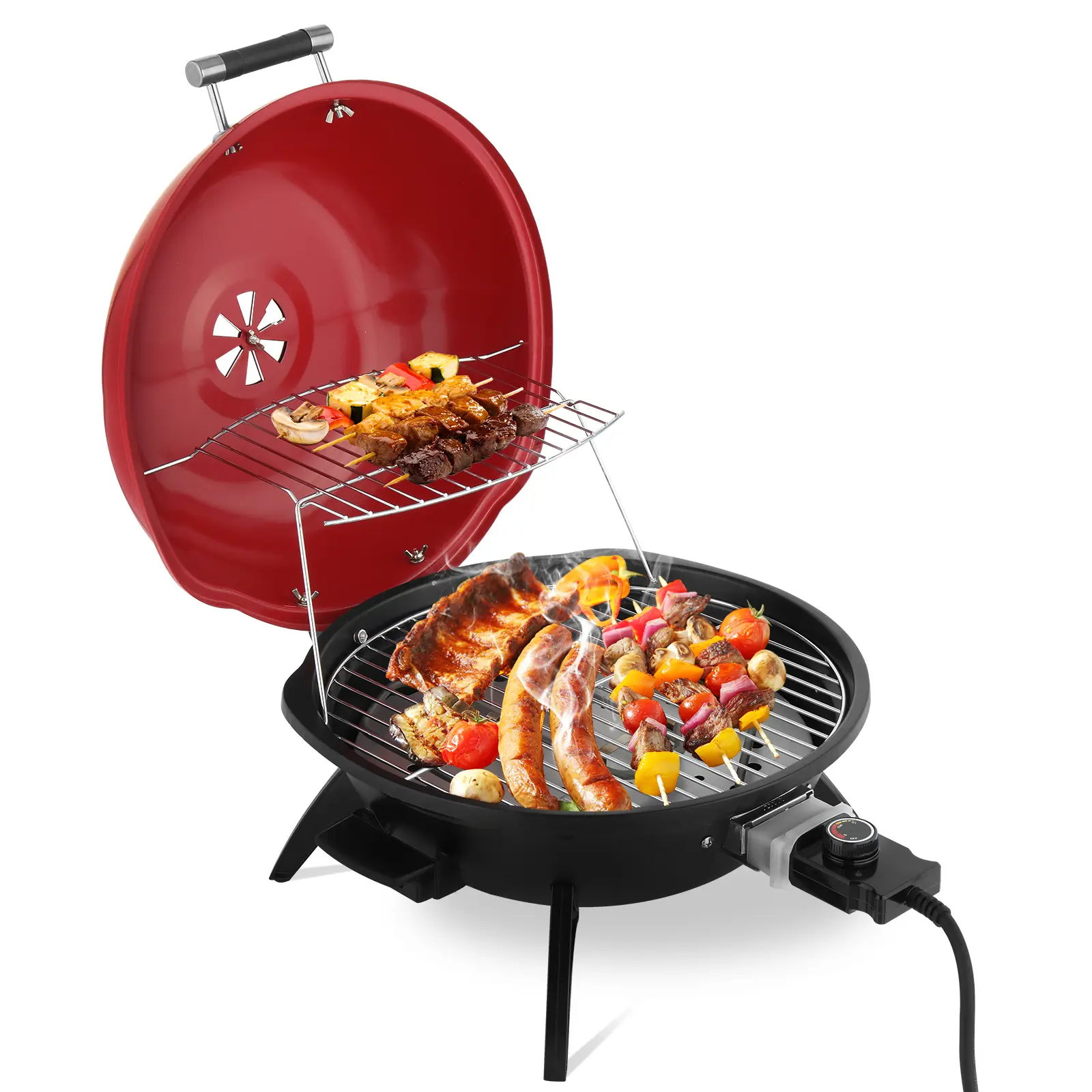 Electric Countertop Grill Portable Double Layer Indoor Outdoor 1600W Red for Patio Camping Cooking