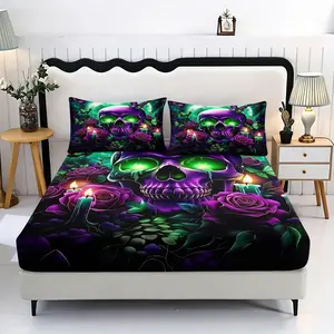 Dark Skull Pattern Bedding Set, Includes 1 Fitted Sheet and 2 Pillowcases (no Pillows), Polyester Material, Digital Print, All Seasons Use