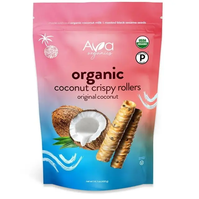 Ava Organics Coconut Crispy Rollers, 14.1 oz – Organic Coconut Milk Wafer Rolls, Gluten-Free, Non-GMO, Light & Crunchy Healthy Snack