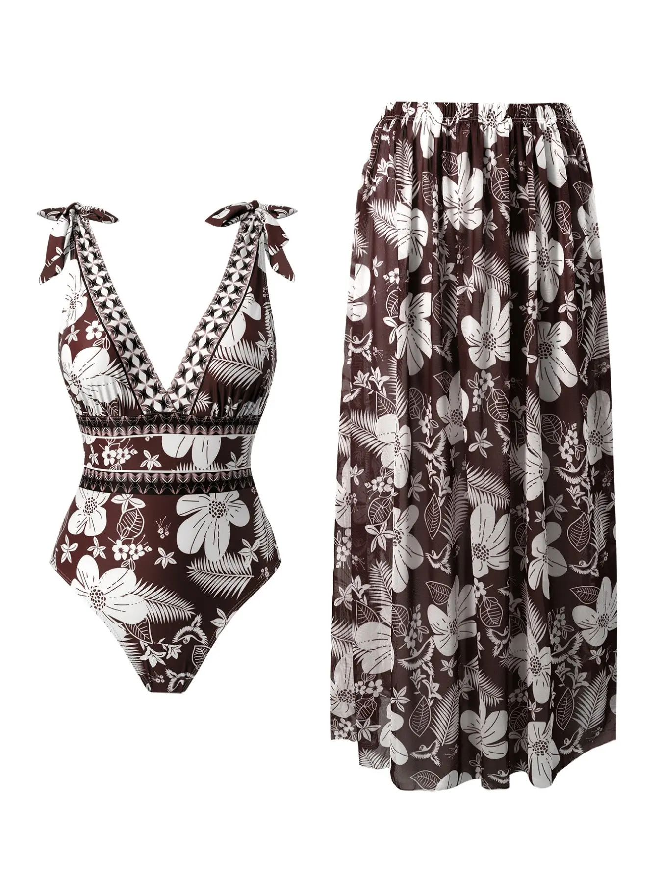Women's One-Piece Swimsuit Beach Dress Set, Floral Print Swimsuit, Slim-Fitting Floral Pattern, Conservative Fashion, All-Seasons Wear, Casual Style, Floral Swimsuits, Flower Print Swimsuit