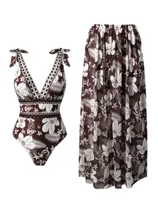Women's One-Piece Swimsuit Beach Dress Set, Floral Print Swimsuit, Slim-Fitting Floral Pattern, Conservative Fashion, All-Seasons Wear, Casual Style