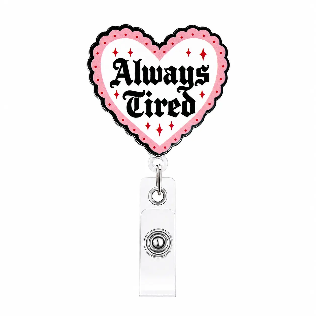 Always Tired Funny Bow Heart Nurse Badge Reel, Retractable ID Badge Holder | Medical Work Badge Clip, Name Tag Badge Buddy for RN CNA LPN Night Shift Nurse Nursing Student Doctor Medical Social Workers