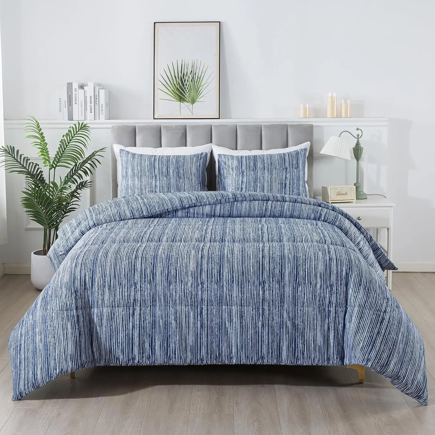Blue Striped Comforter Set  Size, Blue and White Comforter Set Microfiber Farmhouse Lightweight Down Alternative 3 count Bedding Comforter (90"x90")