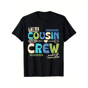 The Cousin Crew 2025 Making Memories Family Vacation Camp Boys & Girls T-Shirt - Black Casual Summer Tee with Colorful Lettering, Heart & Arrow Design, 100% Cotton, Regular Fit for Outdoor Leisure, Family Vacation Shirts, Playful Graphic Tee