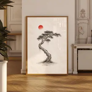 Japanese Ink Tree Poster, Wabi Sabi Bonsai Wall Art Print with Red Sun, Minimalist Zen Decor for Bedroom Office, Neutral Asian Art Home Gift