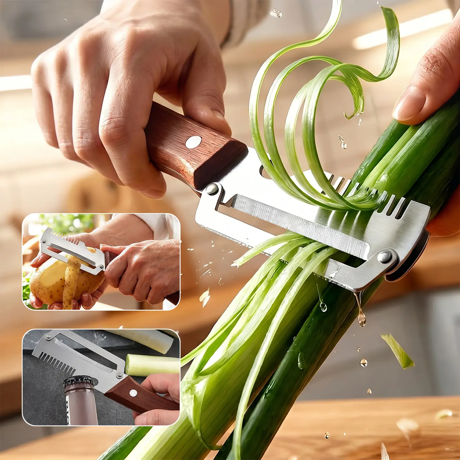 VAYWET 3-in-1 Multi-Use Durable Hand Operated Peeler+Grater - 1PC/2PCS Stainless Steel Tool with Wooden Non-Slip Handle, Bottle Opener, Enhances Kitchen Efficiency for Potato, Pumpkin Skin Removal, Manual Operation Peelers, Pineapple Skin Off