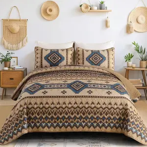 Brown Boho Set Queen,3 Pieces Aztec Texture Bedspread Southwestern Coverlet Set Soft Lightweight Bed Cover for All Season Microfiber Bedding with 2 Pillowcases(Brown,96"x90")