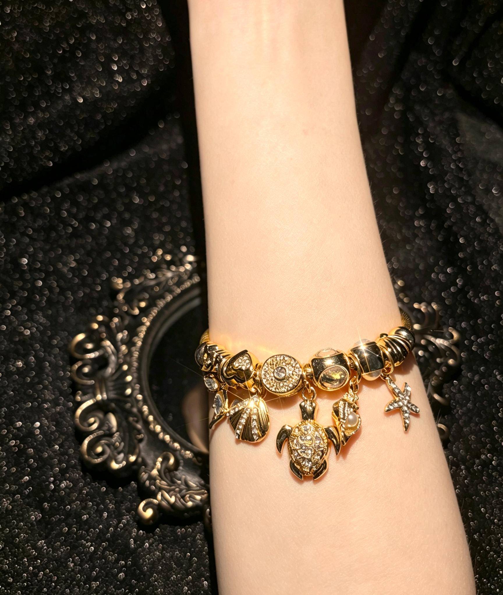 Women's Adjustable Gold-Tone Open Cuff Bangle - Ocean Charm Bracelet with Sparkling Turtle, Starfish, Shell Crystal Pendants - Costume Jewelry Gift Women's Adjustable Gold-Tone Open Cuff Bangle - Ocean Charm Bracelet with Sparkling Turtle, Starfish, Shell Crystal Pendants - Costume Jewelry Gift