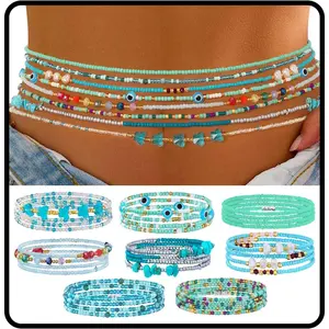 Adjustable Handmade Waist Beads Stretchy 23-52 inch 8Pcs Chakra Yoga Body Belly Beaded Women Waist, Anklet, Bracelet, Necklace Jewelry with Screw clasp