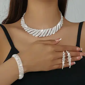 Middle Eastern Geometric Irregular Luxury Rhinestone Necklace Bracelet Earrings Three-piece Set Bridal Accessories for Wedding Occasion