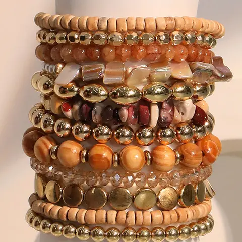 Bohemian Crystal Beaded Bracelet Set, Elegant Design with Elastic Cord, 12-Piece Women's Jewelry Gift, Beautiful Bracelets, Boho-Chic Crystal Bracelets, Stacked Design Bracelets, Adjustable Stack Bracelets