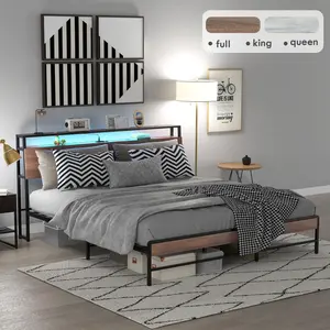 HOMCOM Bed Frame with Storage Headboard, Platform Bed Frame with LED Lights, Charging Station, Steel Slats, Noise-Free & Easy Assembly, No Box Spring Needed
