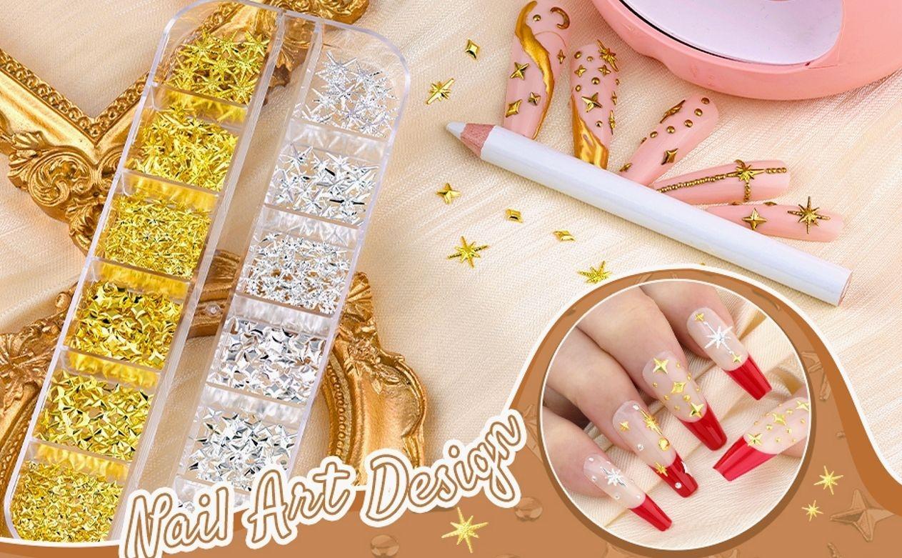 2640Pcs 3D Star Nail Charms, Gold & Silver Multi-Shapes Metallic Nail Art Gems and Small Round Caviar Beads, Craft Jewels Nail Rhinestones Accessories Manicure Decor with Tweezers and Pick-up Pencil