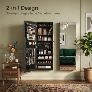 Lockable Wall/Door Mounted Jewelry Cabinet with Mirror, 2 Plastic Cosmetic Organizers, Space-Saving Jewelry Storage, Perfect for Back to School Dormitory, Home Bedroom Vanity Use