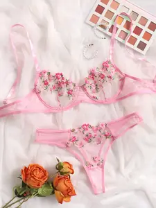 Embroidery Mesh Underwire Bra & Panty Lingerie Set