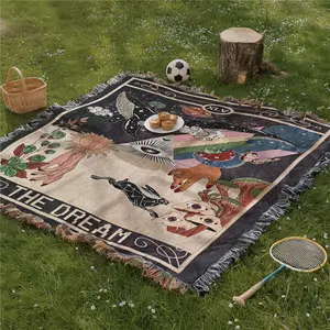 Multi Purpose, Lightweight Picnic Mat, Outdoor Picnic Blanket, Yarn Woven with Tassel, Pattern, Soft and Breathable, Suitable for Travel Camping, Indoor Decor, Machine Washed, Used As Bed Blanket, Sofa Towel, Camping Accessories
