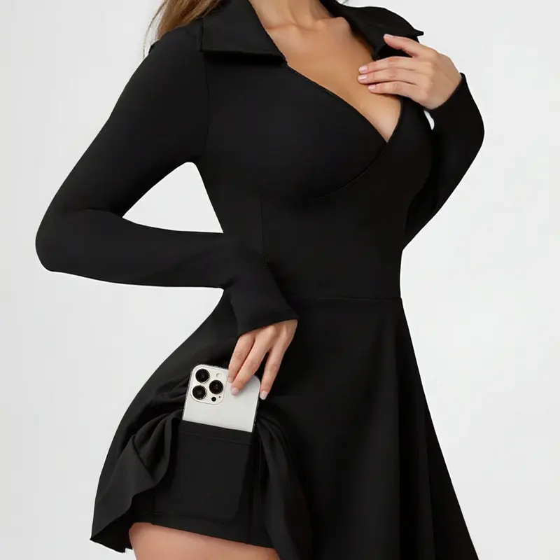 Women's Autumn/Winter Sports Dress, Sexy Slim Fit Long-Sleeved Tennis Skirt, Sports Set, Anti-Exposure Faux Two-Piece Tennis Skirt, Workout Dress, Active Dress, Active Wear Dress, Athletic Workout Dress, Workout Athletic Dresses, Exercise Dress