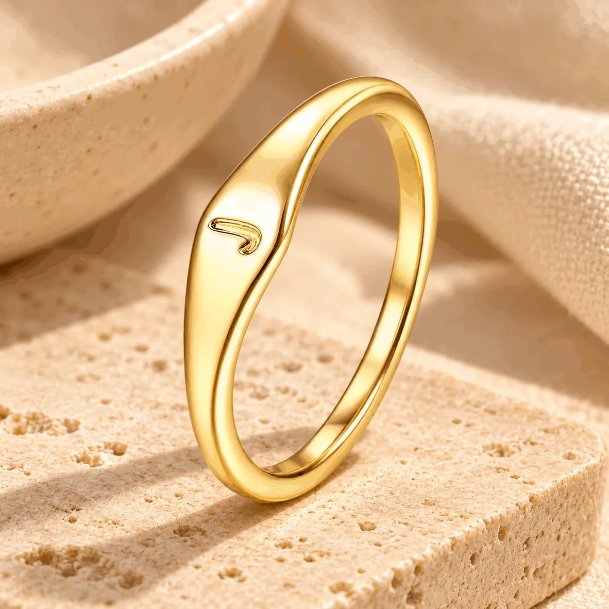 Women's Dainty Initial Band Ring, Thin Letter Signet-Style Stacking Ring, Gold-Tone Costume Jewelry, Pinky & Thumb Ring, Sizes 6-10, Gift for Her