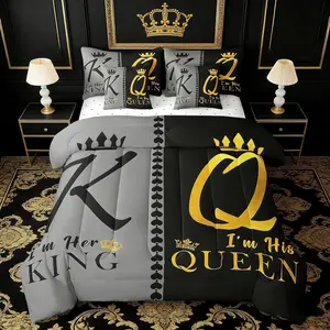 7 Pieces and Comforter Set,Black Gold Crown Bedding Set for Lover and Couple Room Decor,Grey and Black Bed in a Bag with Comforter,Fitted Sheet,Top Sheet and Pillowcases