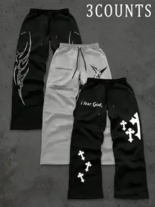 Trendy Street Style Drawstring Knit Sweatpants Set, Graphic, Printed Design, Fitted Comfortable Fit, Casual Fashion, Perfect for All Occasions, 3 Pack