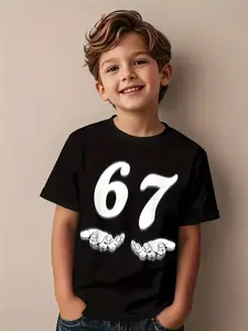 Boys' Cartoon Pattern Short Sleeve Casual T-Shirt, Custom Number Shirt, Graphic Printed Shirt, Round Neck Comfortable Fitted Design, All Seasons Wear, Ages 3-12