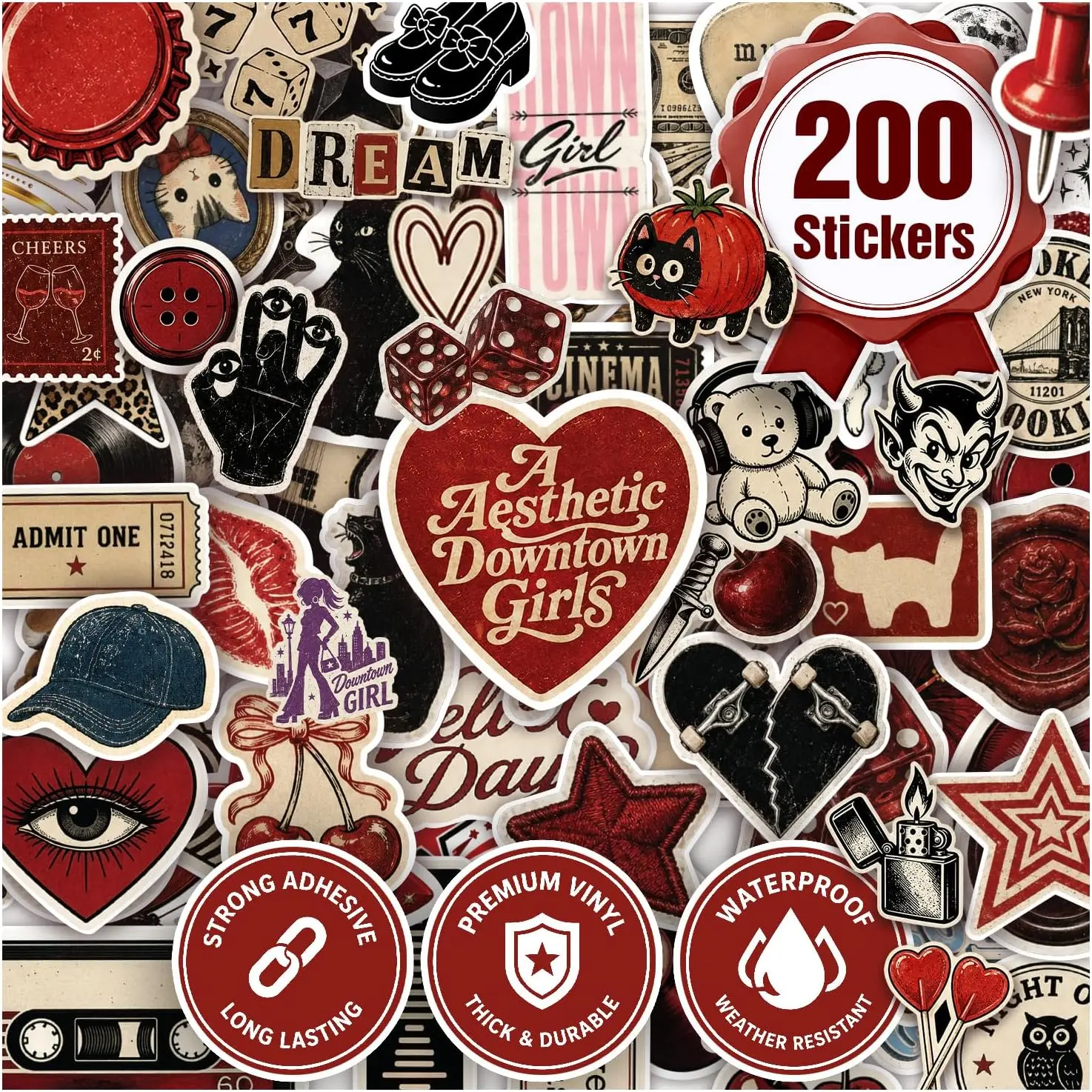 Premium 200Pcs Aesthetic Stickers 200 Unique Designs | Cool Trendy Y2K Stickers, Funny Waterproof Vinyl Decals for Water Bottles, Laptops, Skateboards Teens and Adults Party Favors