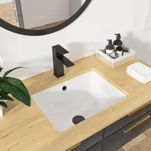 Kichae 18"x14" Modern White Rectangle Undermount Sink - Porcelain Ceramic Lavatory Vanity Bathroom Sink with Overflow