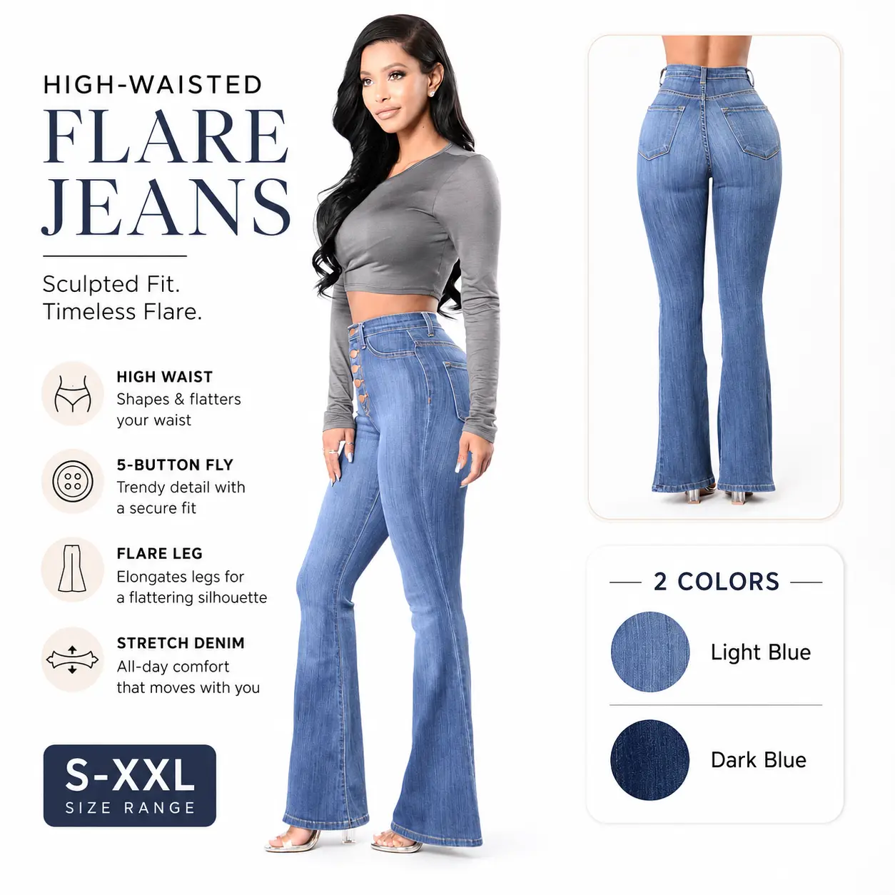 Women High Waist Flare Jeans, 5-Button Fly Stretch Denim Bootcut Pants, Slim Curvy Fit Fashion Denim Trousers, 2 Colors S-XXL