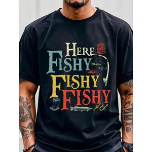 Men's "Here Fishy Fishy" Graphic T-Shirt - 100% Cotton Breathable Quick-Dry Crew Neck Tee with Colorful Fishing Design, Lightweight 180gsm All-Season Casual Shirt for Outdoor Enthusiasts, Fishing Gear Menswear Top